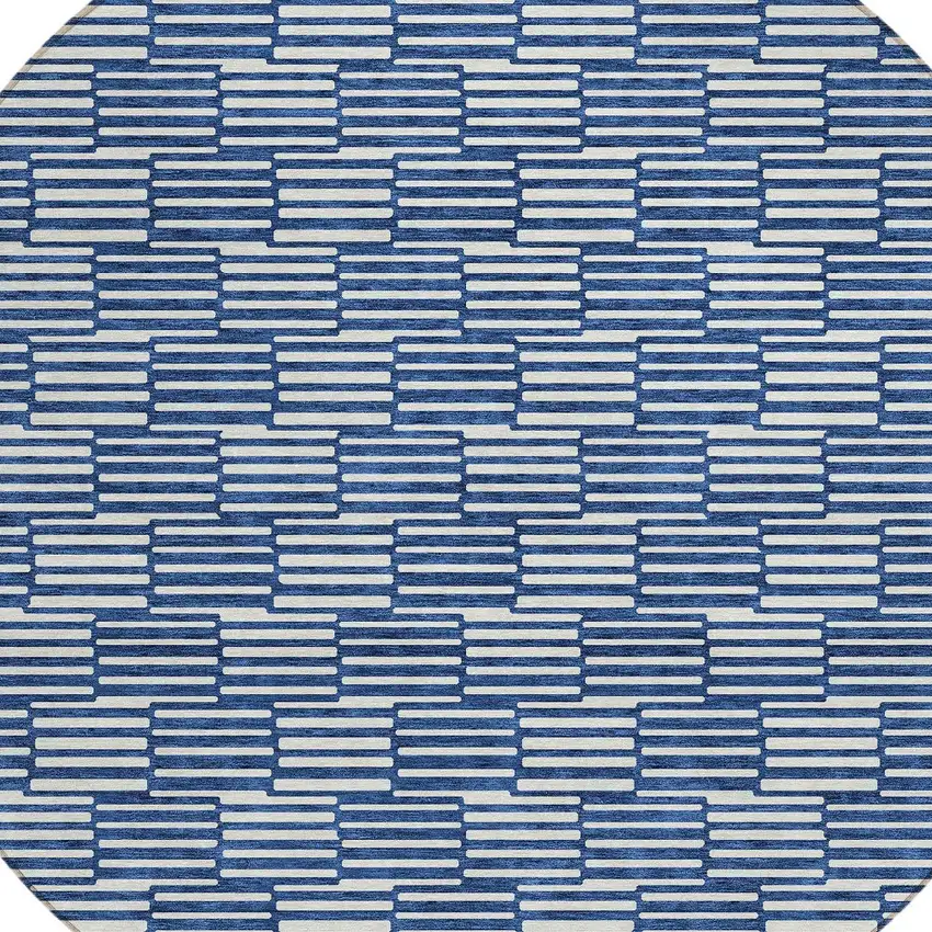8' Navy Blue And Ivory Round Geometric Washable Indoor Outdoor Area Rug Photo 4