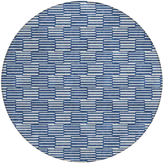 8' Navy Blue And Ivory Round Geometric Washable Indoor Outdoor Area Rug Photo 2
