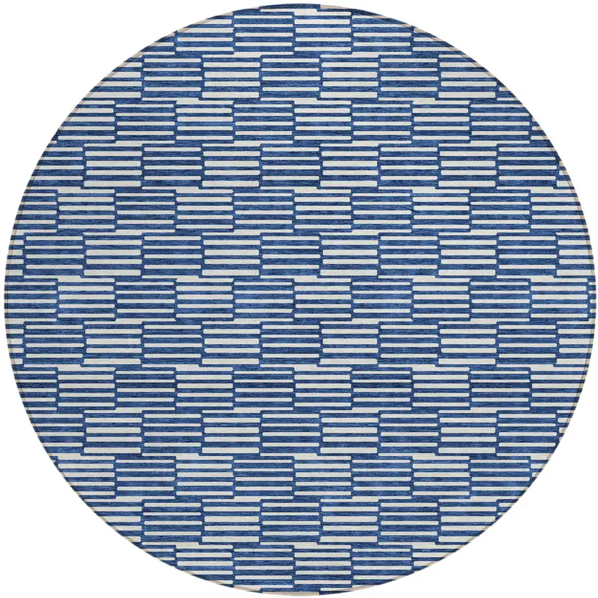 8' Navy Blue And Ivory Round Geometric Washable Indoor Outdoor Area Rug Photo 2