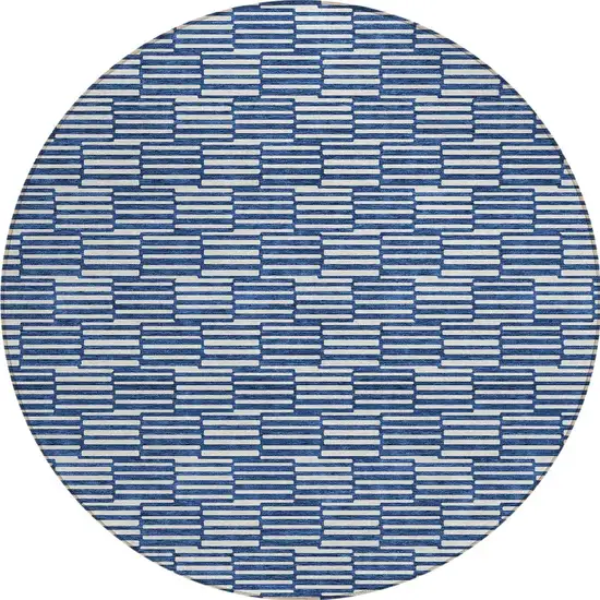 8' Navy Blue And Ivory Round Geometric Washable Indoor Outdoor Area Rug Photo 5