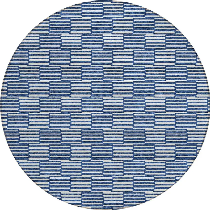 8' Navy Blue And Ivory Round Geometric Washable Indoor Outdoor Area Rug Photo 5
