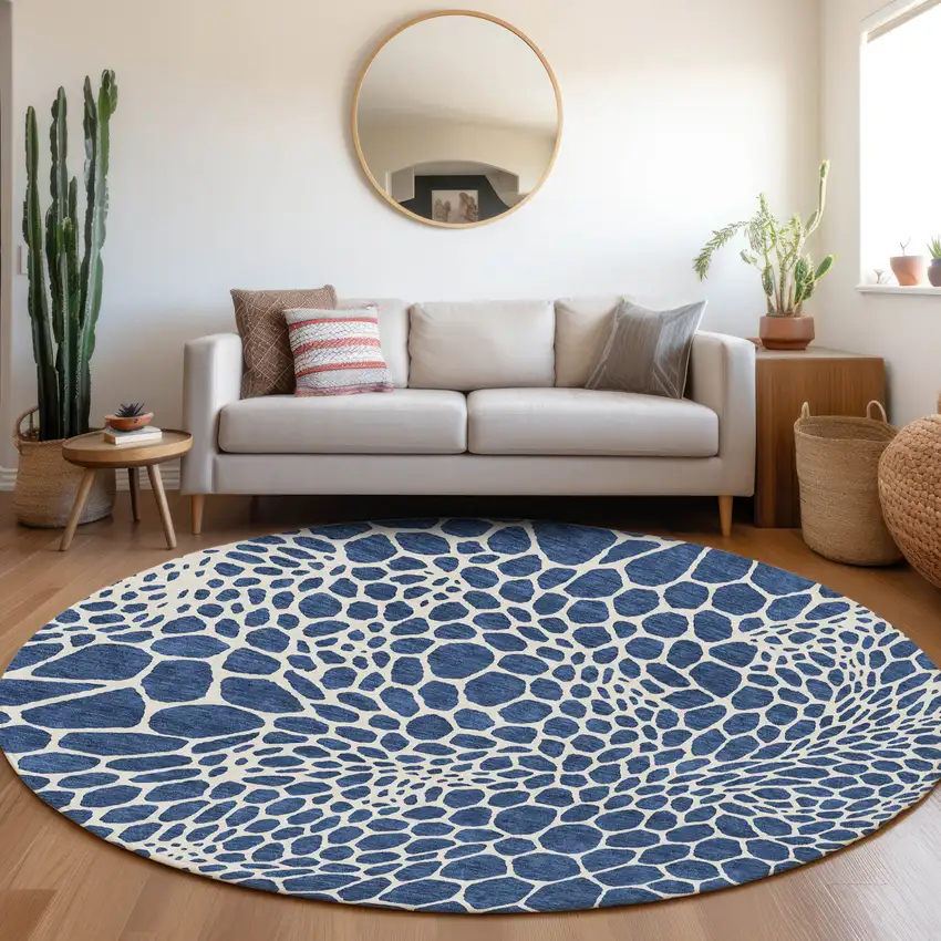 8' Navy Blue And Ivory Round Geometric Washable Indoor Outdoor Area Rug Photo 8