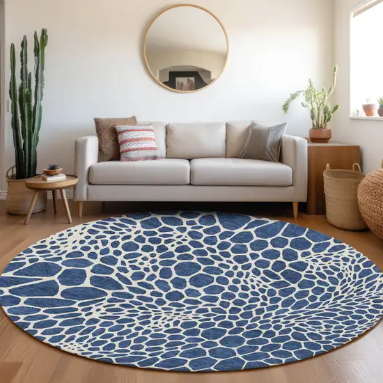 8' Navy Blue And Ivory Round Geometric Washable Indoor Outdoor Area Rug Photo 8