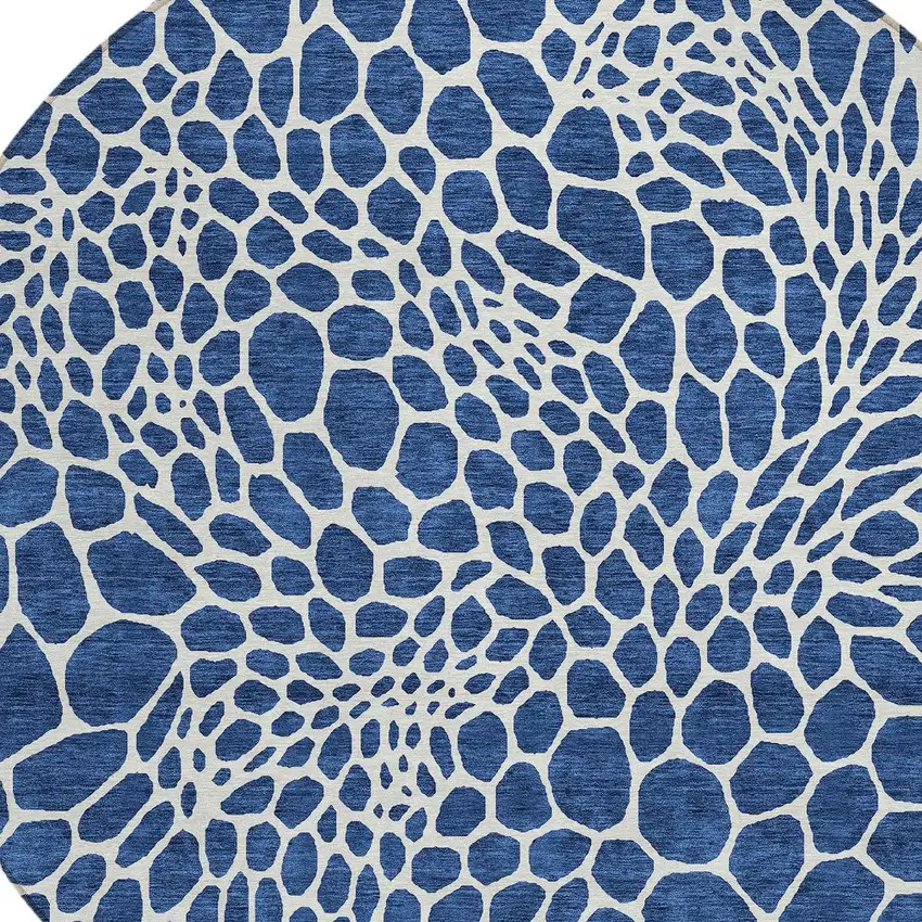 8' Navy Blue And Ivory Round Geometric Washable Indoor Outdoor Area Rug Photo 5