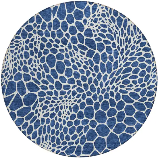 8' Navy Blue And Ivory Round Geometric Washable Indoor Outdoor Area Rug Photo 2