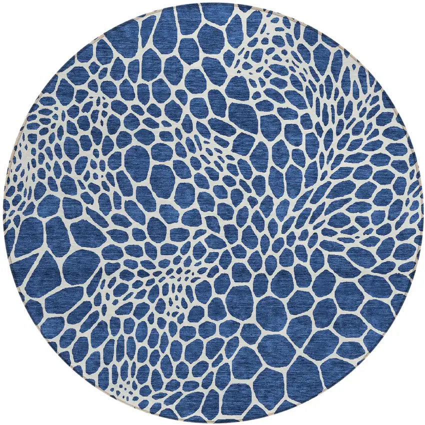 8' Navy Blue And Ivory Round Geometric Washable Indoor Outdoor Area Rug Photo 2