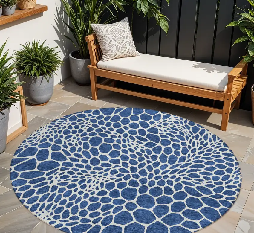 8' Navy Blue And Ivory Round Geometric Washable Indoor Outdoor Area Rug Photo 1