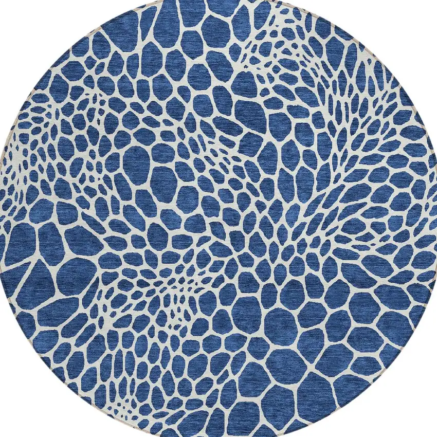 8' Navy Blue And Ivory Round Geometric Washable Indoor Outdoor Area Rug Photo 6