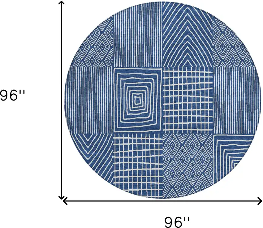 8' Navy Blue And Ivory Round Geometric Washable Indoor Outdoor Area Rug Photo 3