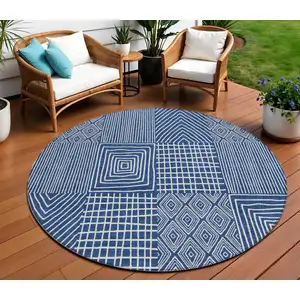Photo of 8' Navy Blue And Ivory Round Geometric Washable Indoor Outdoor Area Rug