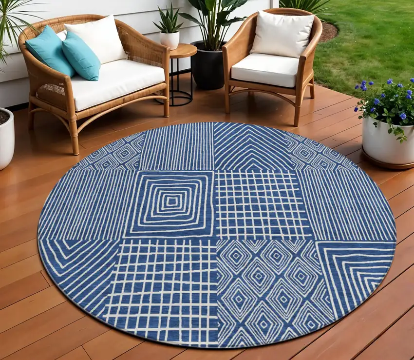 8' Navy Blue And Ivory Round Geometric Washable Indoor Outdoor Area Rug Photo 1