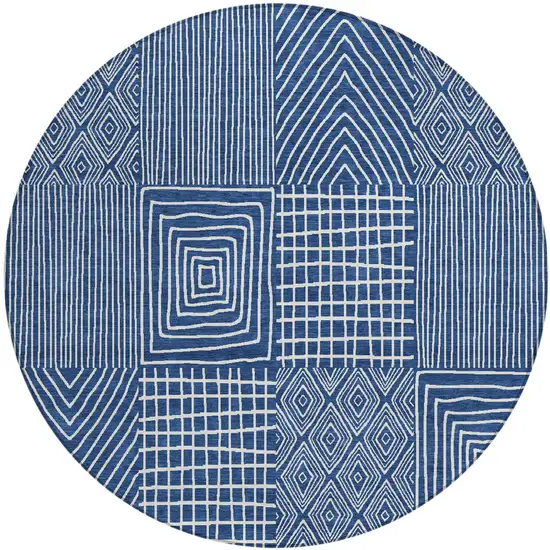 8' Navy Blue And Ivory Round Geometric Washable Indoor Outdoor Area Rug Photo 2