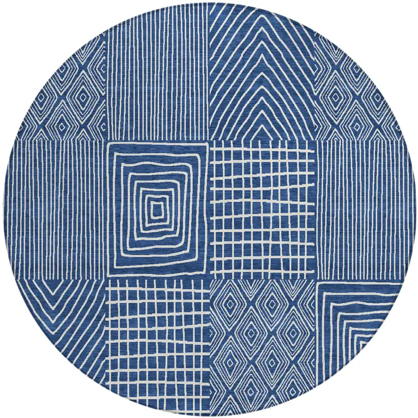 8' Navy Blue And Ivory Round Geometric Washable Indoor Outdoor Area Rug Photo 2