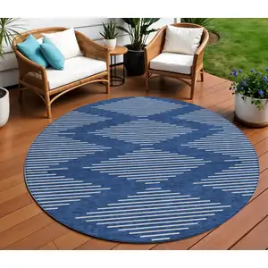 Photo of 8' Navy Blue And Ivory Round Geometric Washable Indoor Outdoor Area Rug