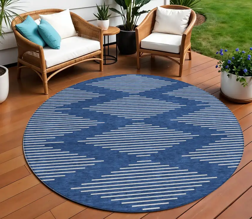 8' Navy Blue And Ivory Round Geometric Washable Indoor Outdoor Area Rug Photo 1