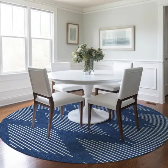 8' Navy Blue And Ivory Round Geometric Washable Indoor Outdoor Area Rug Photo 8