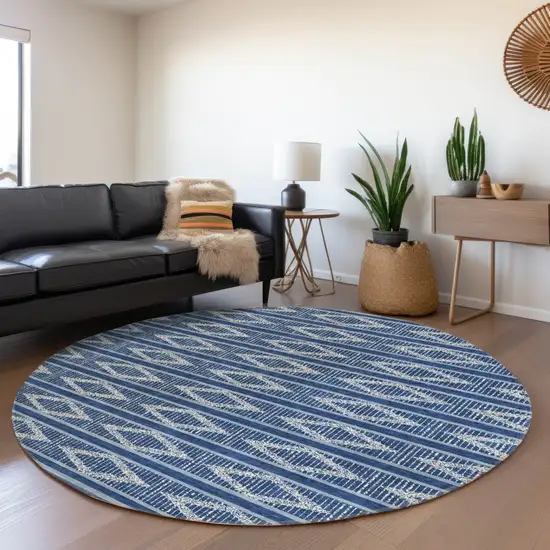 8' Navy Blue And Ivory Round Geometric Washable Indoor Outdoor Area Rug Photo 7