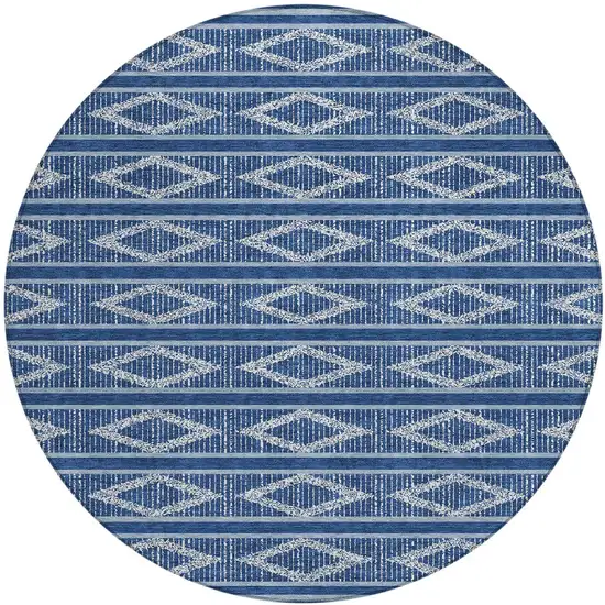 8' Navy Blue And Ivory Round Geometric Washable Indoor Outdoor Area Rug Photo 5