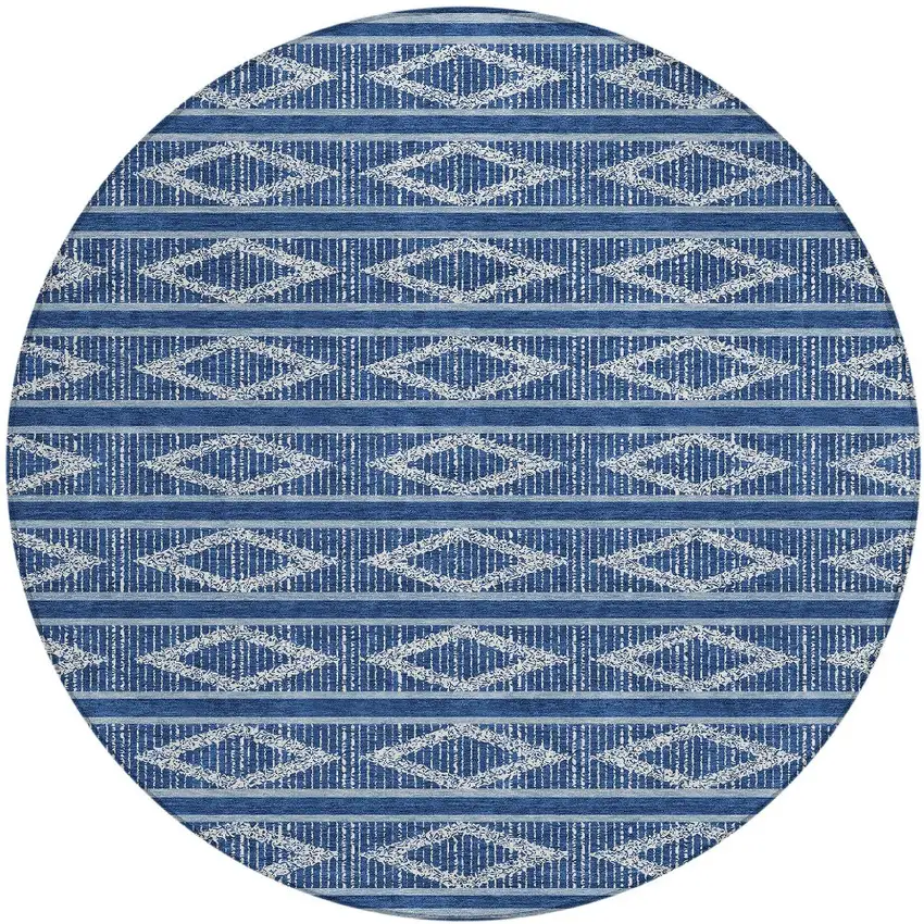 8' Navy Blue And Ivory Round Geometric Washable Indoor Outdoor Area Rug Photo 5