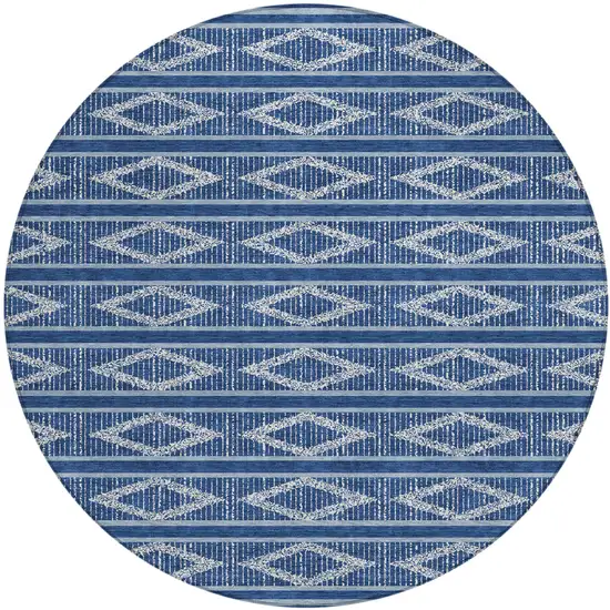 8' Navy Blue And Ivory Round Geometric Washable Indoor Outdoor Area Rug Photo 2