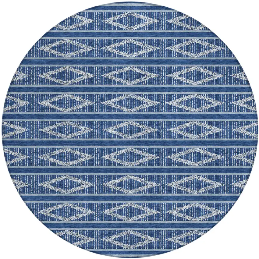 8' Navy Blue And Ivory Round Geometric Washable Indoor Outdoor Area Rug Photo 2