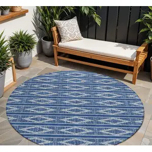Photo of 8' Navy Blue And Ivory Round Geometric Washable Indoor Outdoor Area Rug