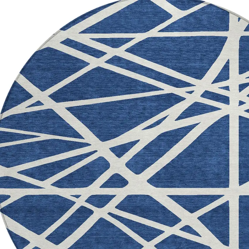 8' Navy Blue And Ivory Round Geometric Washable Indoor Outdoor Area Rug Photo 4