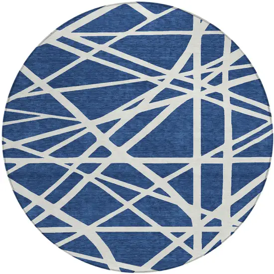 8' Navy Blue And Ivory Round Geometric Washable Indoor Outdoor Area Rug Photo 2