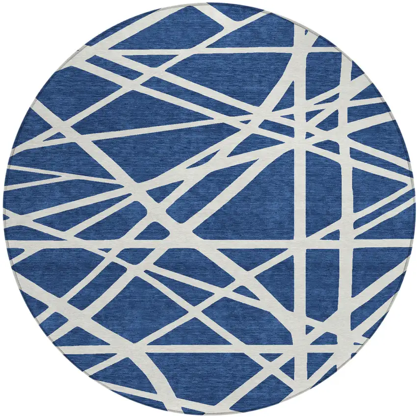8' Navy Blue And Ivory Round Geometric Washable Indoor Outdoor Area Rug Photo 2