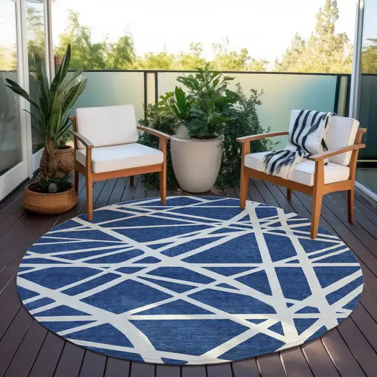 8' Navy Blue And Ivory Round Geometric Washable Indoor Outdoor Area Rug Photo 6