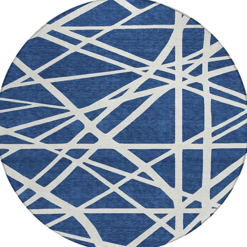 8' Navy Blue And Ivory Round Geometric Washable Indoor Outdoor Area Rug Photo 5