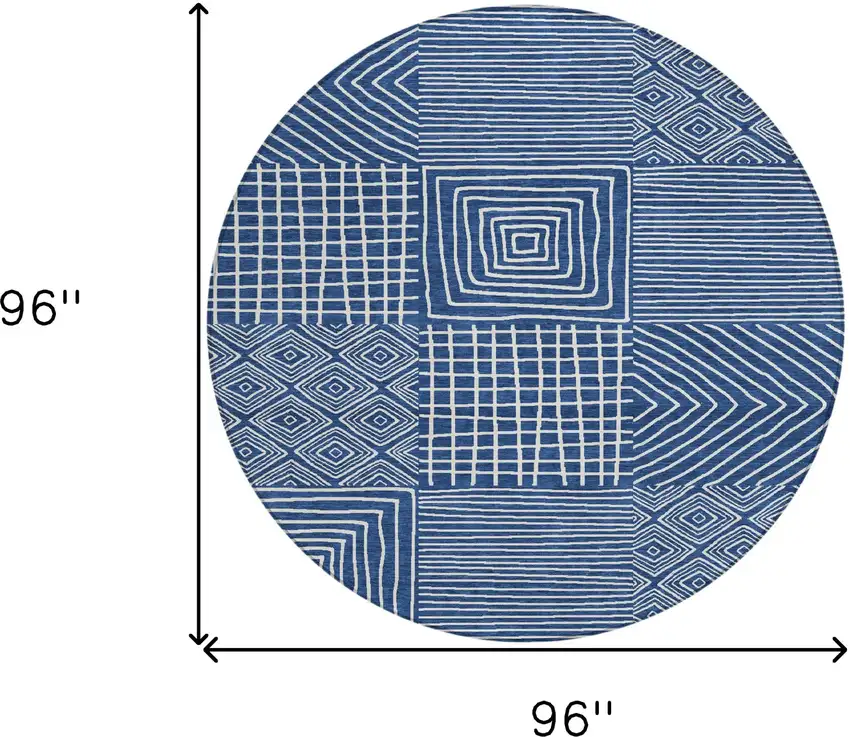 8' Navy Blue And Ivory Round Geometric Washable Indoor Outdoor Area Rug Photo 9
