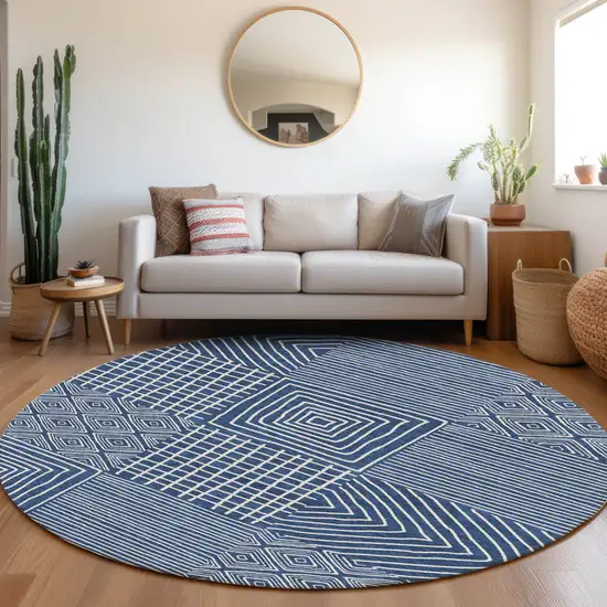 8' Navy Blue And Ivory Round Geometric Washable Indoor Outdoor Area Rug Photo 8