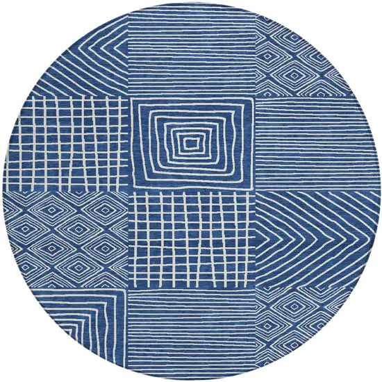 8' Navy Blue And Ivory Round Geometric Washable Indoor Outdoor Area Rug Photo 2