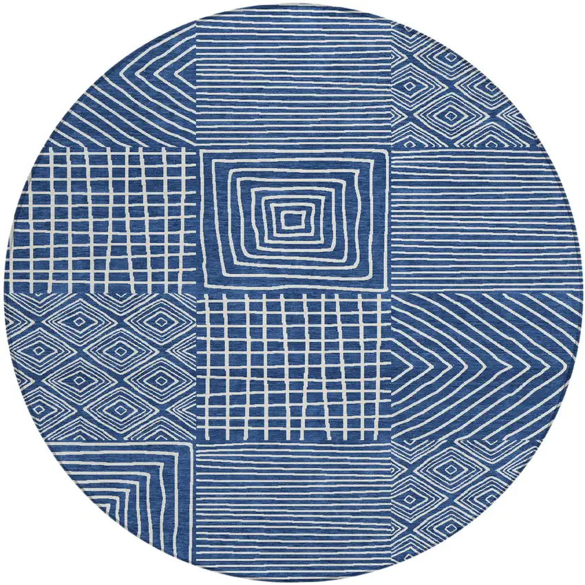 8' Navy Blue And Ivory Round Geometric Washable Indoor Outdoor Area Rug Photo 2