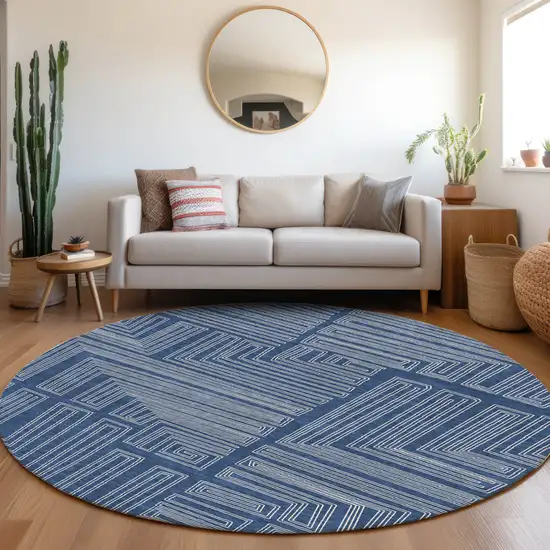 8' Navy Blue And Ivory Round Geometric Washable Indoor Outdoor Area Rug Photo 8