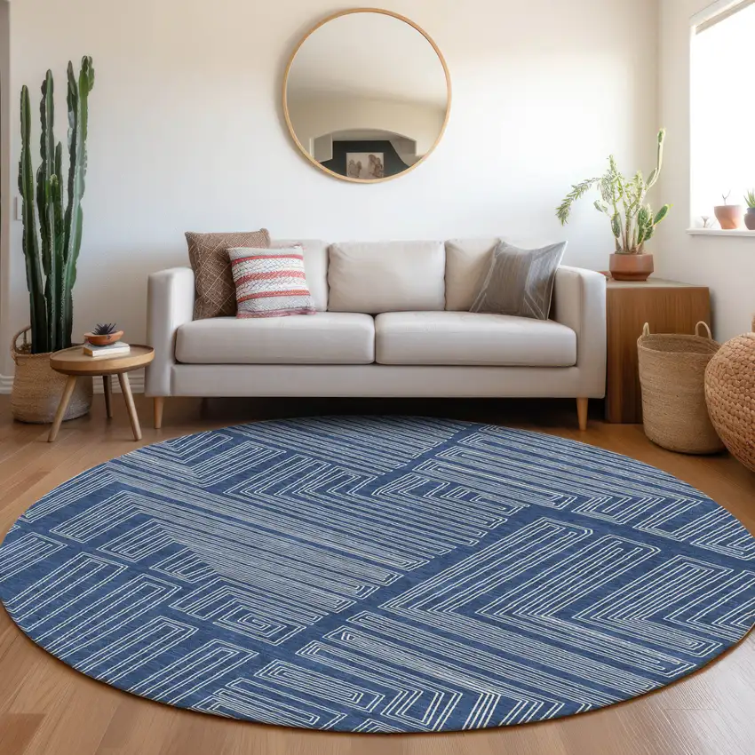 8' Navy Blue And Ivory Round Geometric Washable Indoor Outdoor Area Rug Photo 8