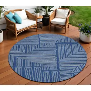 Photo of 8' Navy Blue And Ivory Round Geometric Washable Indoor Outdoor Area Rug