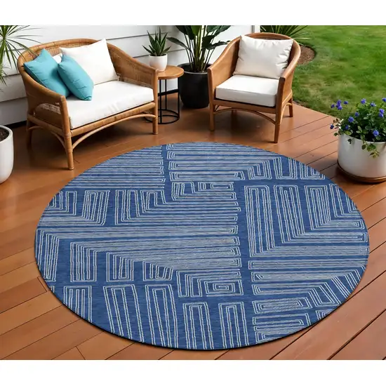 8' Navy Blue And Ivory Round Geometric Washable Indoor Outdoor Area Rug Photo 1
