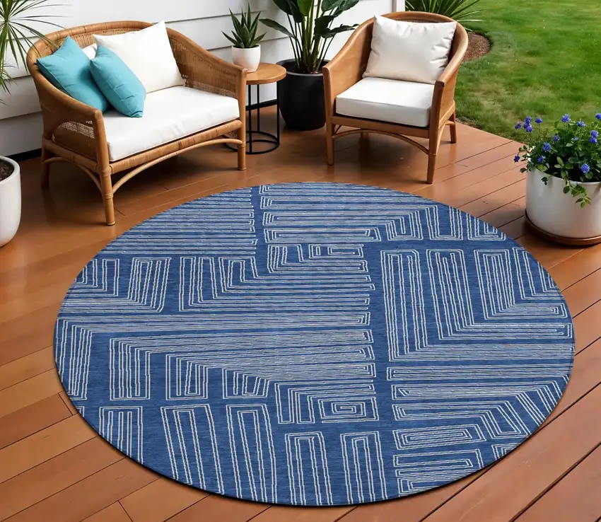 8' Navy Blue And Ivory Round Geometric Washable Indoor Outdoor Area Rug Photo 1