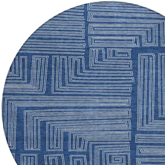 8' Navy Blue And Ivory Round Geometric Washable Indoor Outdoor Area Rug Photo 5