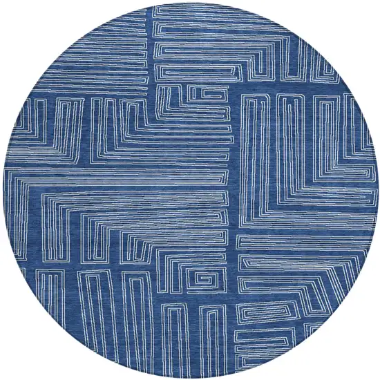 8' Navy Blue And Ivory Round Geometric Washable Indoor Outdoor Area Rug Photo 2