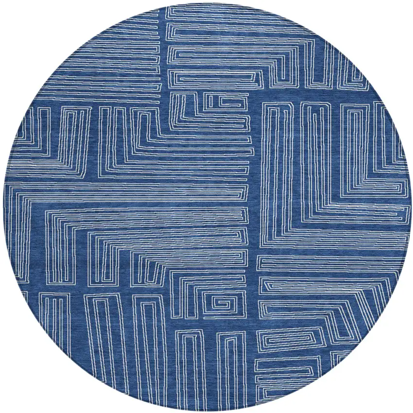 8' Navy Blue And Ivory Round Geometric Washable Indoor Outdoor Area Rug Photo 2