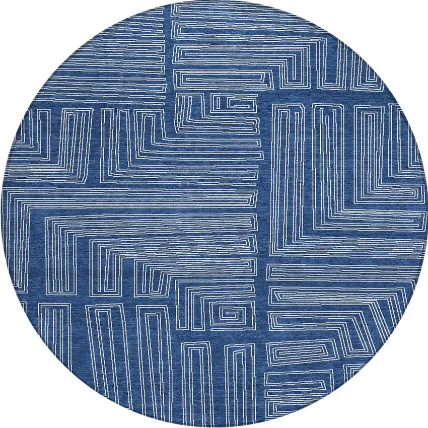 8' Navy Blue And Ivory Round Geometric Washable Indoor Outdoor Area Rug Photo 6