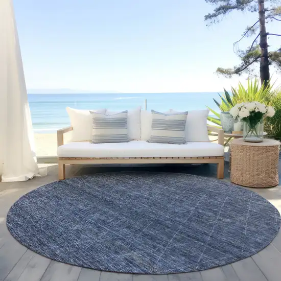 8' Navy Blue And Ivory Round Geometric Washable Indoor Outdoor Area Rug Photo 6