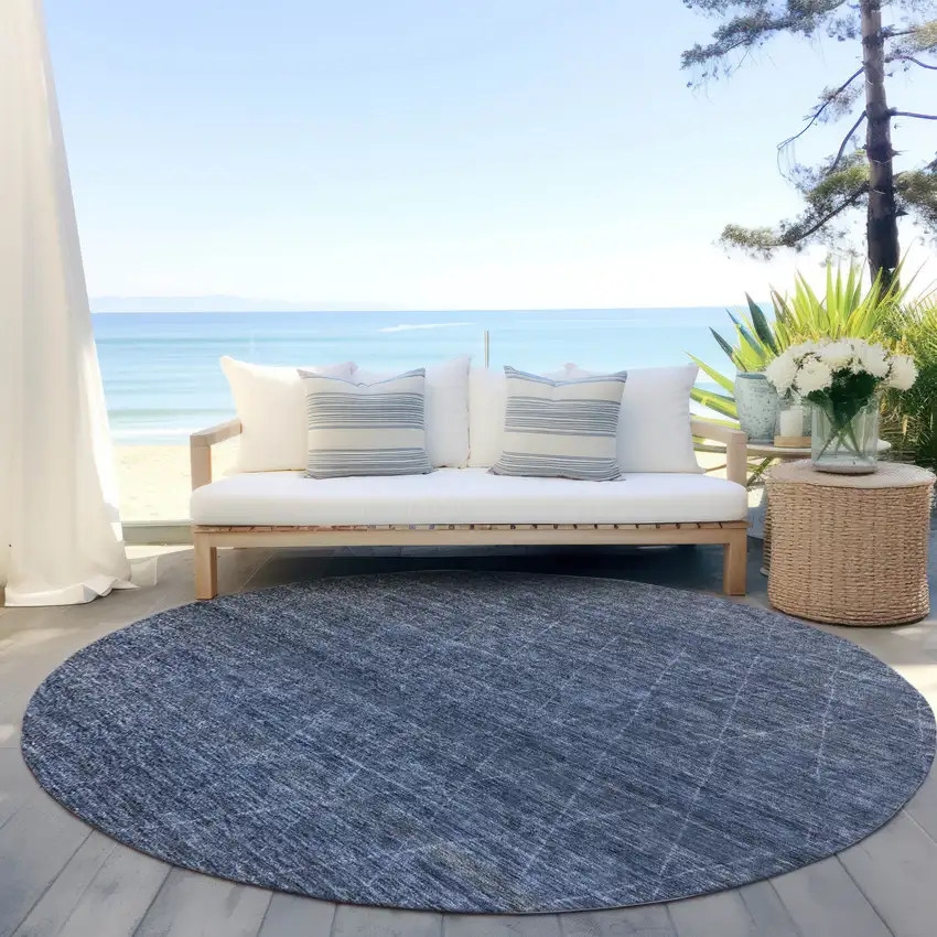8' Navy Blue And Ivory Round Geometric Washable Indoor Outdoor Area Rug Photo 6