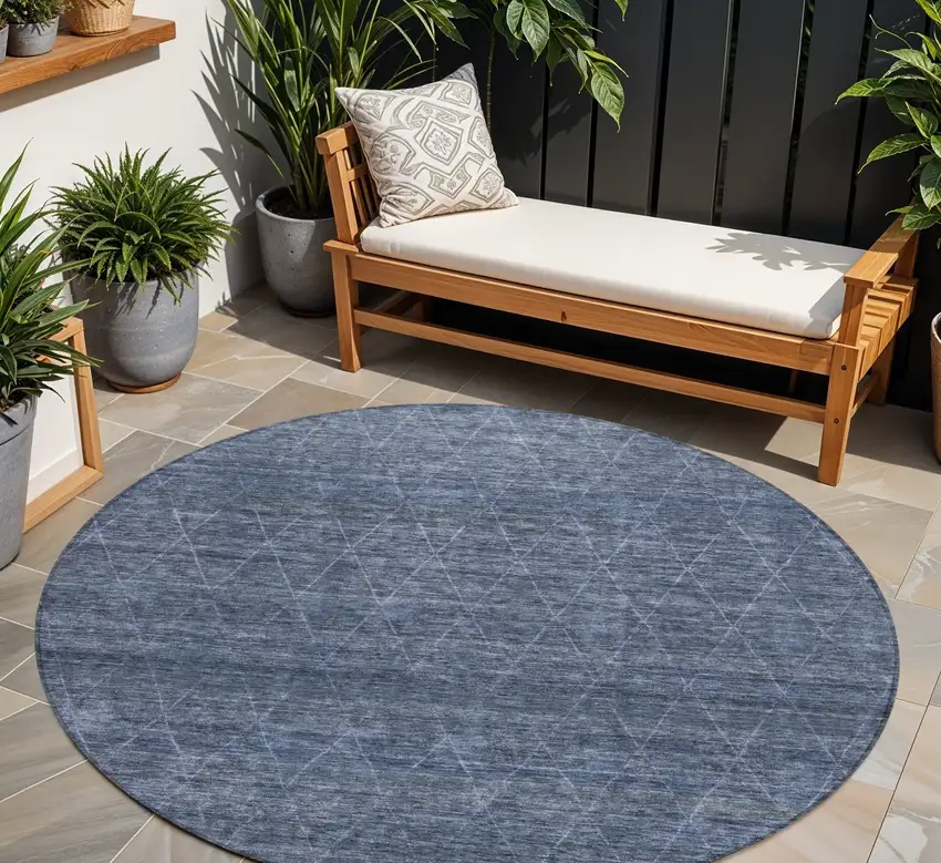 8' Navy Blue And Ivory Round Geometric Washable Indoor Outdoor Area Rug Photo 1