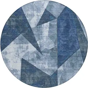 Photo of 8' Navy Blue And Ivory Round Geometric Washable Indoor Outdoor Area Rug