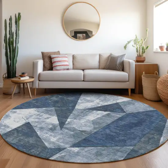 8' Navy Blue And Ivory Round Geometric Washable Indoor Outdoor Area Rug Photo 6