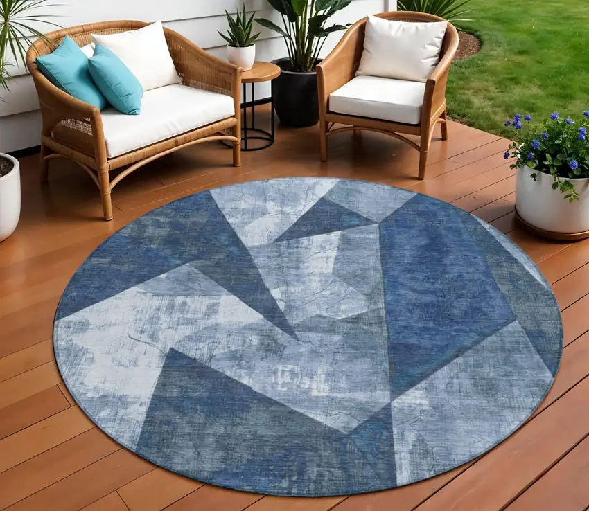 8' Navy Blue And Ivory Round Geometric Washable Indoor Outdoor Area Rug Photo 2